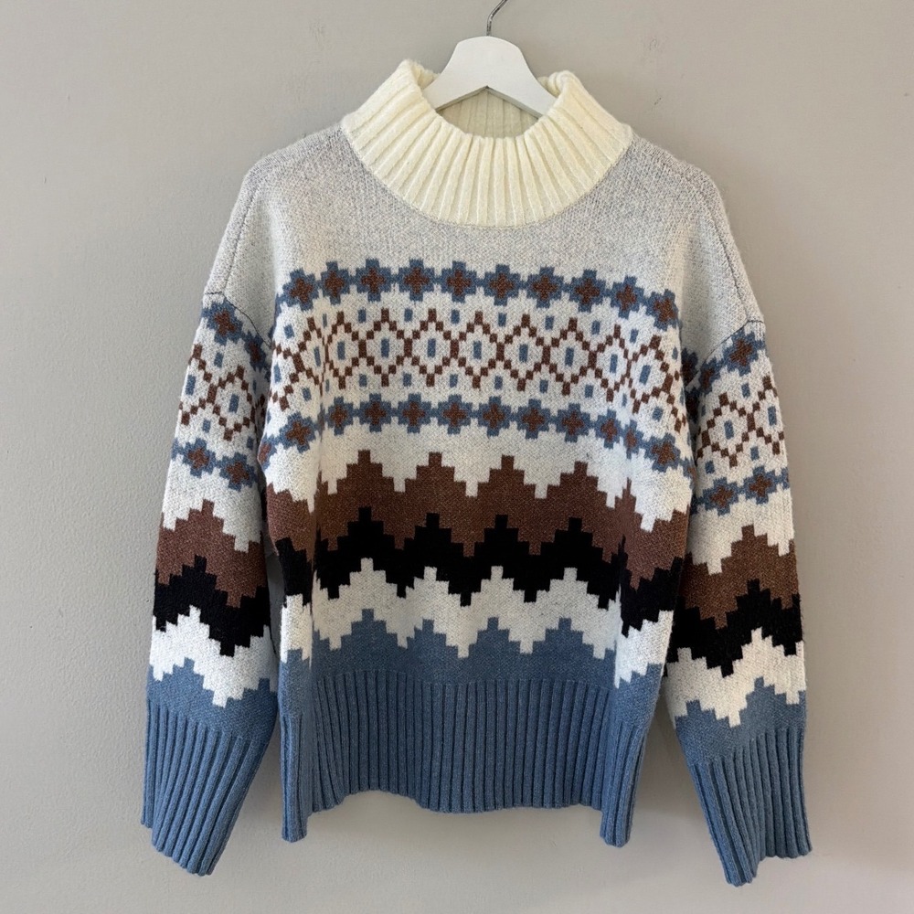 Joseph A Men Medium Fair Isle Mock Neck‎ Geometric Sweater Blue Brown White